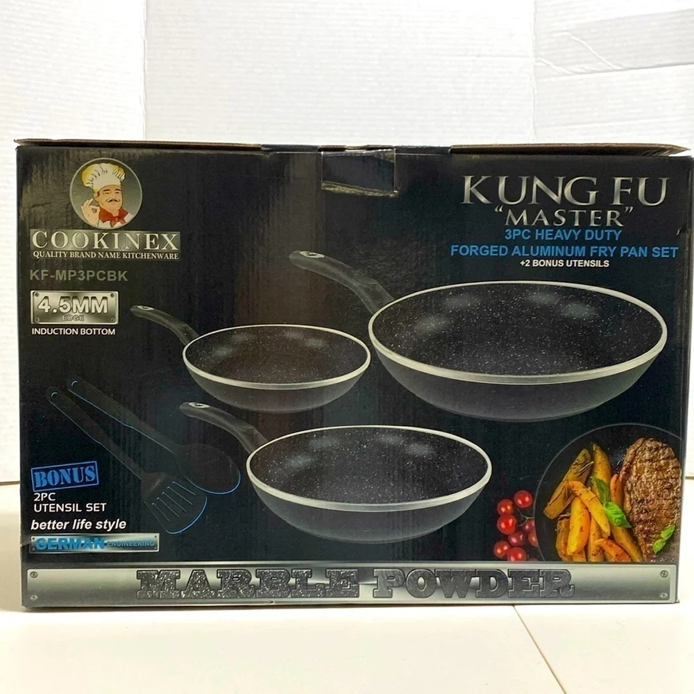 $99 NEW! Heavy Duty Forged Aluminum Fry Pan 3 Piece Set + 2 Bonus Utensils